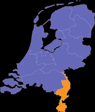 Kaart van Nederland met Limburg uitgelicht omdat GT Installatie hier als loodgieter werkzaam is